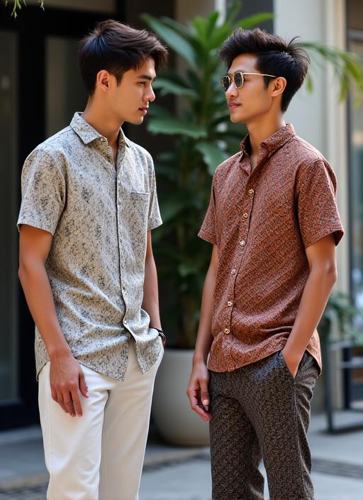 Dua model pria berbincang, satu mengenakan pakaian kasual dan satu lagi batik.