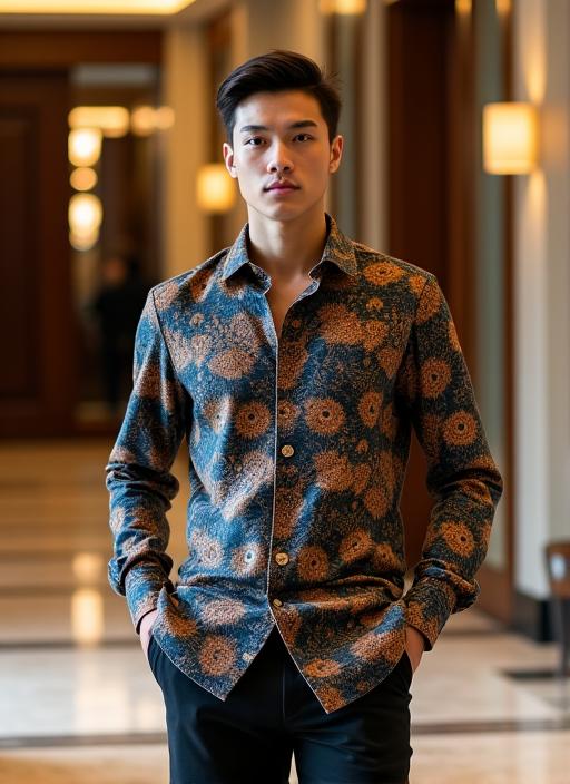 Model pria mengenakan kemeja batik lengan panjang di sebuah lobi hotel mewah.