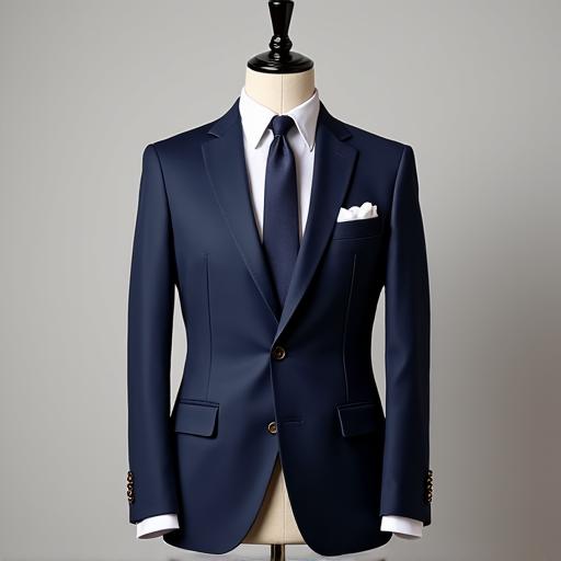 Setelan jas berwarna navy yang elegan dipajang di manekin.