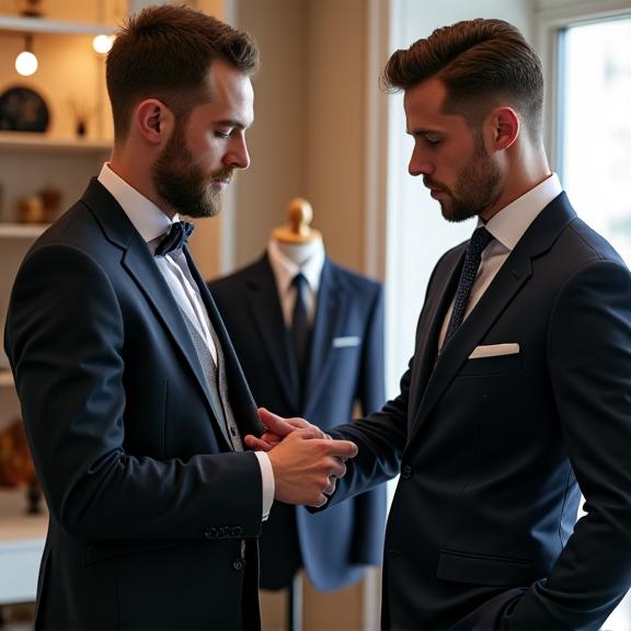 Seorang master tailor sedang melakukan pengukuran badan pada klien untuk setelan jas kustom.