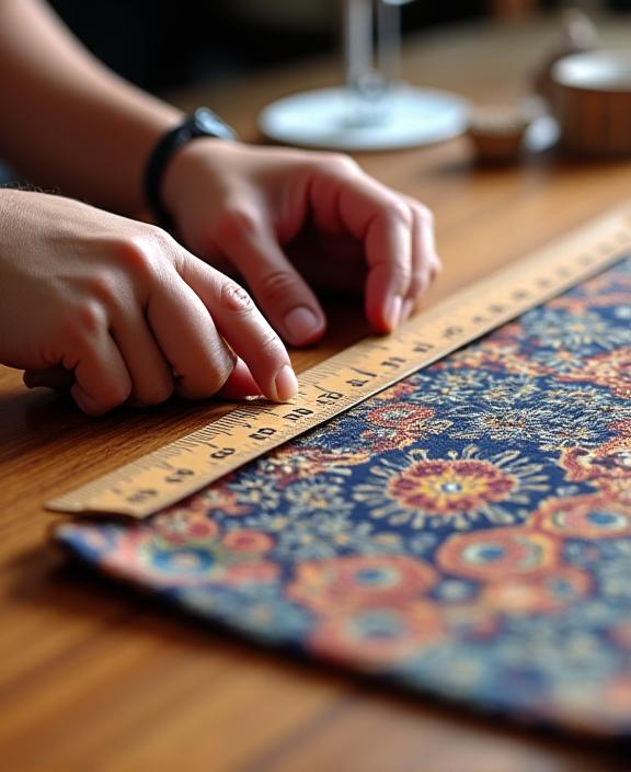 Tangan seorang penjahit ahli sedang mengukur kain batik sutra di meja kerja.